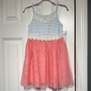 Girls white and Blue Striped Kids Casual Dress with pink tulle bottom 3T